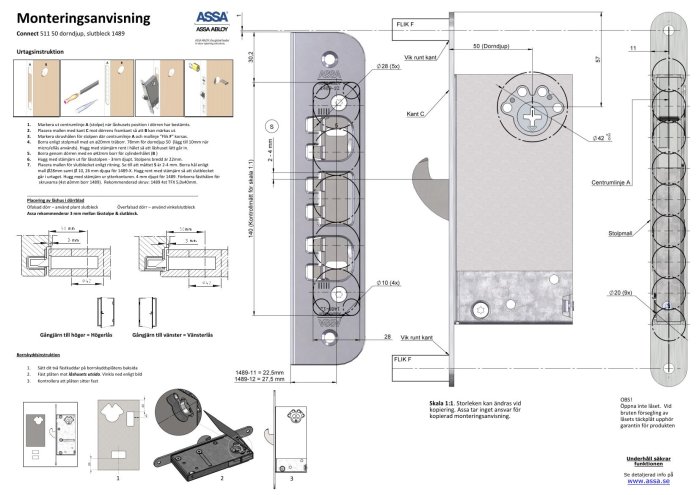 Monteringsanvisning för ASSA ABLOY-dörrlås med måttangivelser och installationssteg, inklusive tekniska ritningar och skiss på delar.