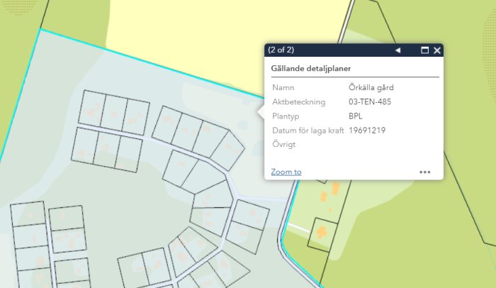 Skärmbild av Uppsala kommuns information om gällande detaljplaner för Örkälla gård.