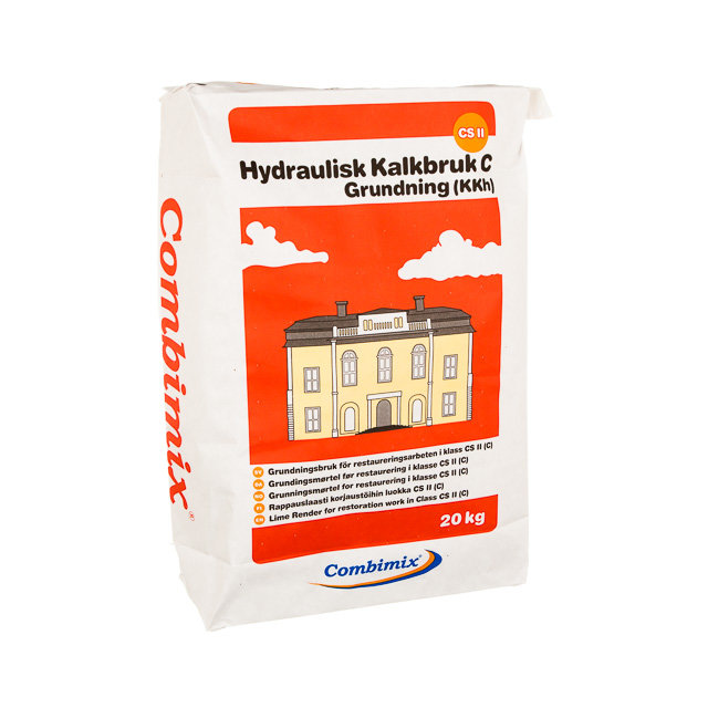 Säck med Hydrauliskt Kalkbruk C för grundning, 20 kg, Combimix, med illustration av byggnad.