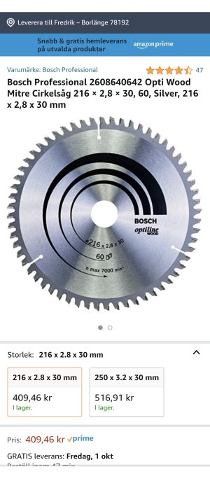 Bosch Professional cirkelsågsklinga för trä, 216x2,8x30 mm, 60 tänder, silverfärgad.