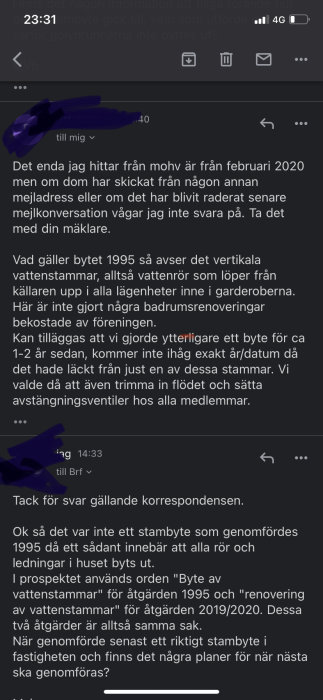 Skärmdump av diskussion i forum om stambyten, renoveringar och besiktningar relaterade till bostadsföreningen.