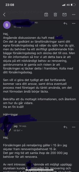 Skärmdump av ett diskussionsinlägg om remaljering av golvbrunn och försäkringsfrågor, med text och anonymiserade namn.