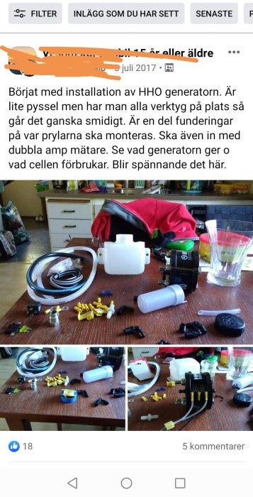 Bild av HHO-generatorns komponenter utspridda på ett bord under installationen, inkluderar slangar, behållare och verktyg.