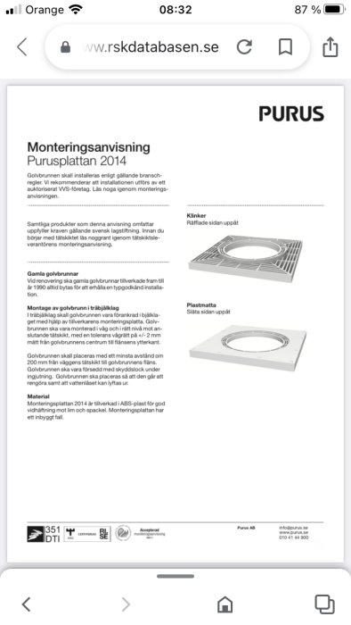 Skärmdump av en installationsanvisning för en vändbar Purusplatta med illustrationer för klinker och plastmatta.