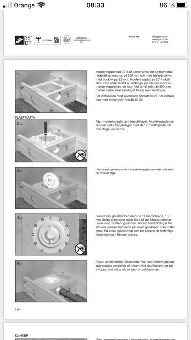 Montageinstruktioner för Purusplatta med steg-för-steg bilder för installation till plastmatta och klinker.