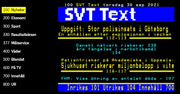 Skärmdump av SVT Text-TV med nyhetstexter om händelser i Göteborg och Uppsala, och navigeringsmenyn.