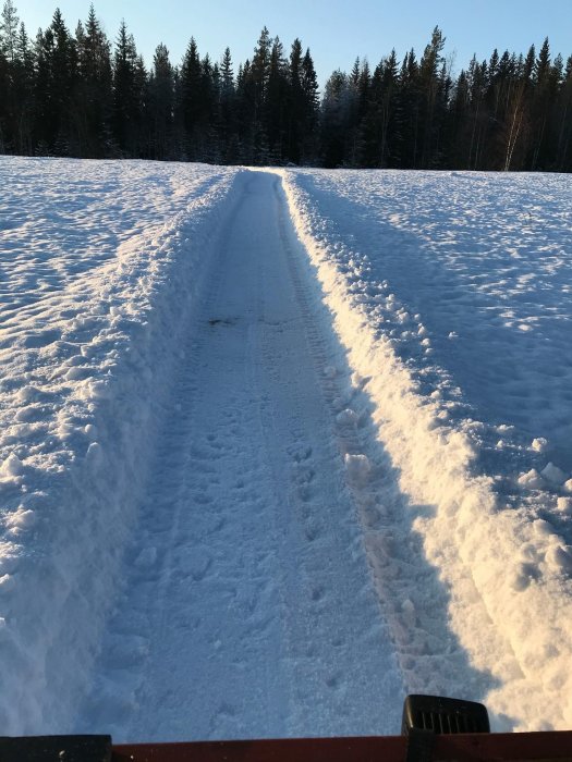 Snöig väg med tydliga spår efter plogning genom skogig terräng, sett från en fyrhjulingsperspektiv.