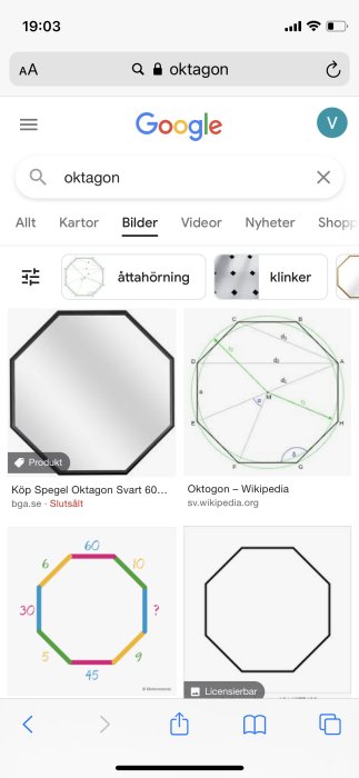 Skärmdump av en Google-sökning på "oktagon" som visar bilder på åttahörningar och geometriska diagram.