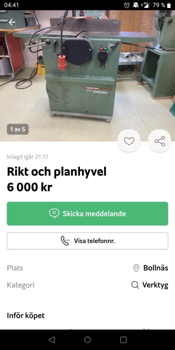 Rikt och planhyvel från Morten, modell RFPH 350, grön, till salu i en verkstad.