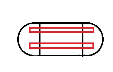 Skiss av en byggkonstruktion med två reglar färglagda i rött placerade parallellt under en oval kontur.