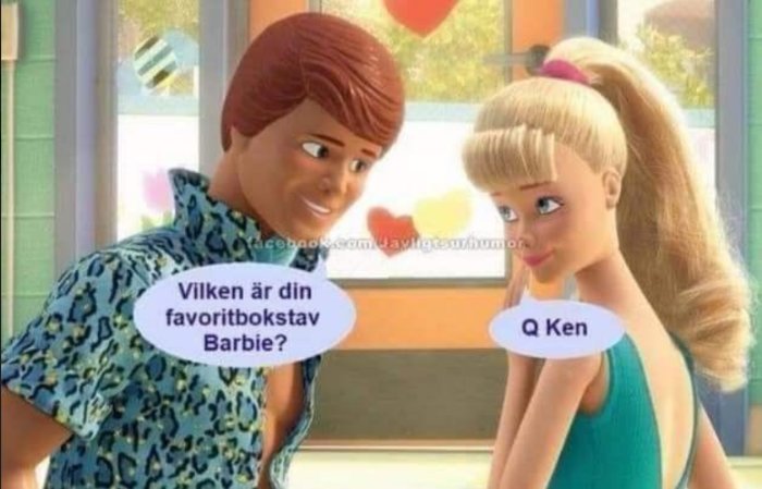 Animerade karaktärer som liknar Ken och Barbie i en dialog om bokstäver.