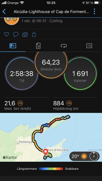 Skärmavbild av cykelaktivitet med rutt på karta, tid, sträcka, kalorier, hastighet, och höjdförändring.