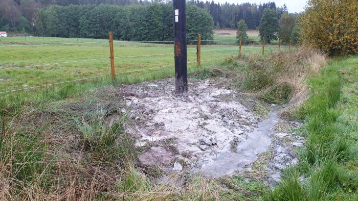 Nybytt elektrisk stolpe på en fastighet med synliga spår av grävning och delvis förstört dike.