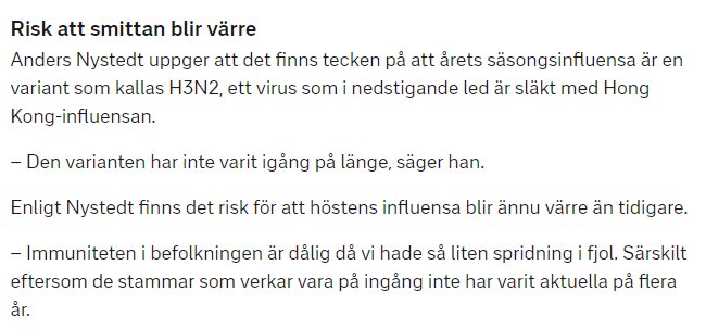 Skrivbordsvy av en nyhetsartikel om ökad risk för en svår influensasäsong med viruset H3N2.
