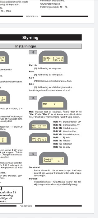 Skärmdump av servicemeny för värmesystem med inställning för manuell test av utgångar i kanal 16.