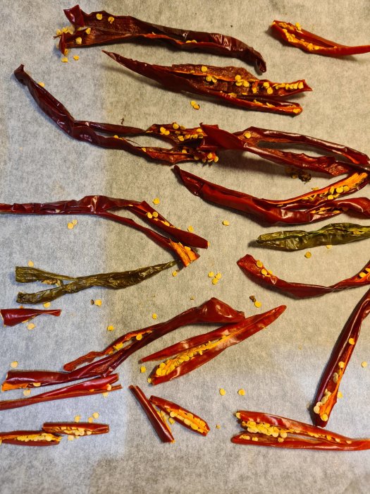 Torkade röda chili flakes spridda på bakplåtspapper, vissa öppnade med utsäde synligt.