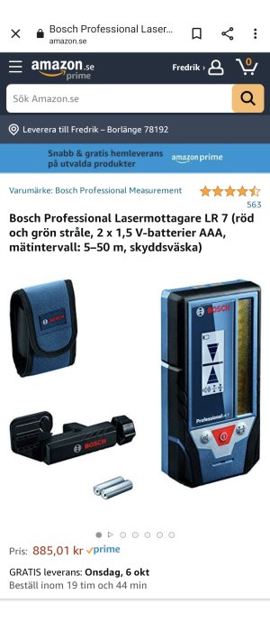 Bosch Professional Laser Receiver LR 7, röd och grön stråle, med batterier och skyddsväska.