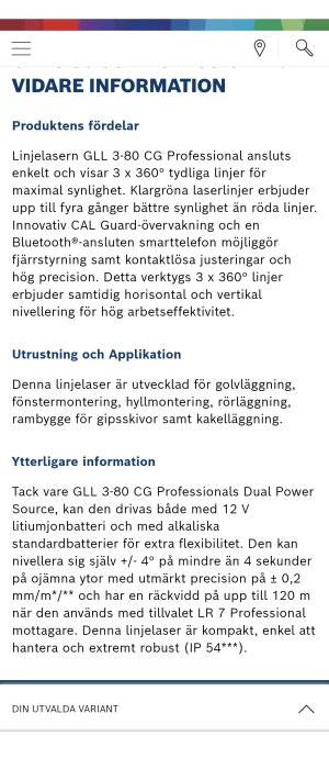 Skärmbild av en produktbeskrivning för en linjelaser med information om funktioner och applikationer.