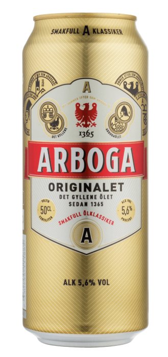 Burk av Arboga Original öl, en klassisk gyllene öl sedan 1365 med 5,6% alkoholvolym.