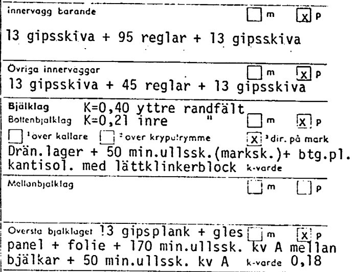 Svartvit bild av en teknisk ritning eller beskrivning med mått och materialspecifikationer för byggnadsdelar.