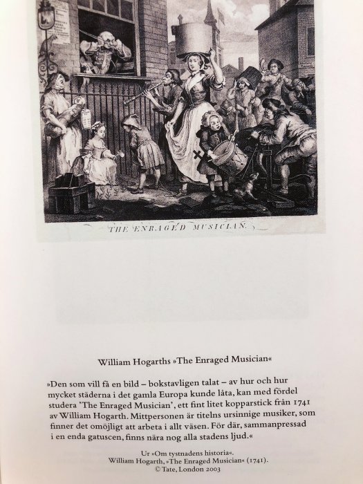 Gravyr av William Hogarth, "The Enraged Musician", med en irriterad musiker och olika människor som skapar oväsen.