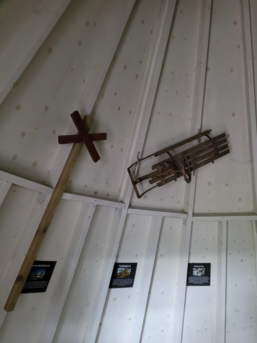 Taket på en stuga med traditionellt verktyg, informationsplaketter om sneakeredskryss och fäljbyrk.