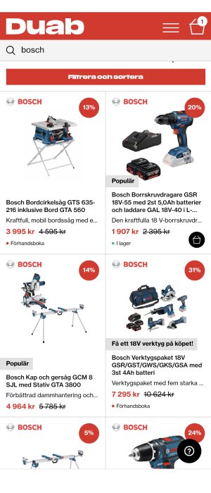 Skärmbild av Duabs webbplats som visar en kampanj med rabatterade Bosch-verktyg och priser.