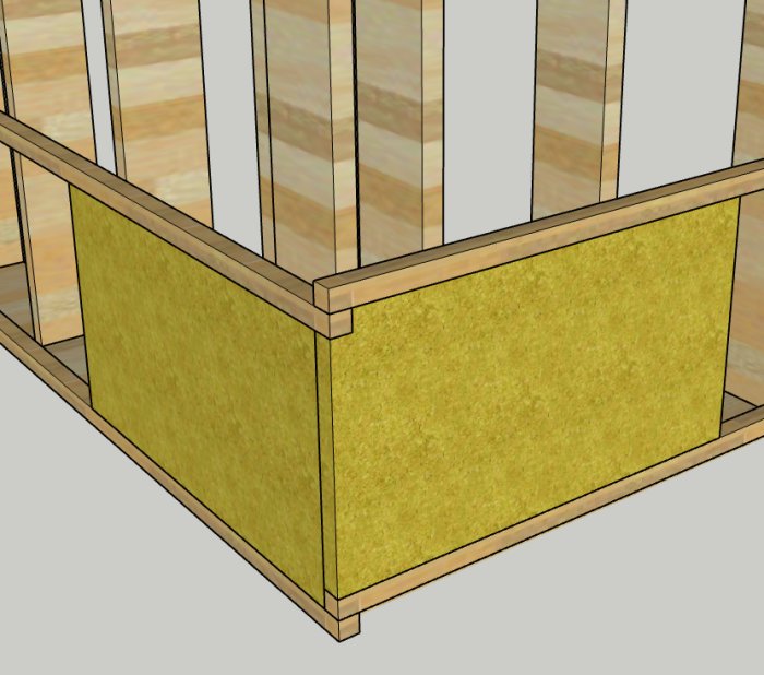 3D-modell av hörn på trästomme med isolering och 45x45 reglar som visar alternativ 1 för konstruktion.