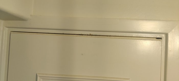 Översikt över en sned hängd dörr med synlig glipa i överkant, behöver justering.