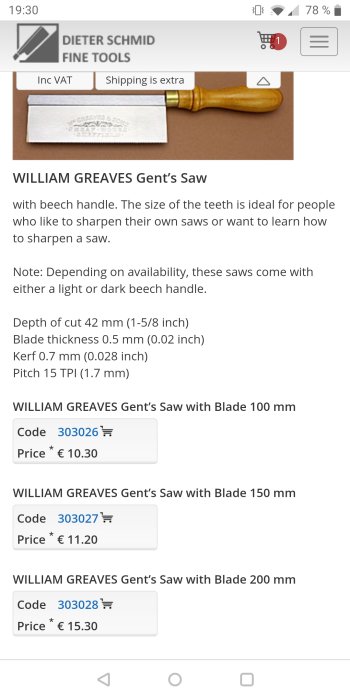 HANDSÅG med trähandtag från WILLIAM GREAVES, uppvisad på en webbsida med specifikationer och priser.