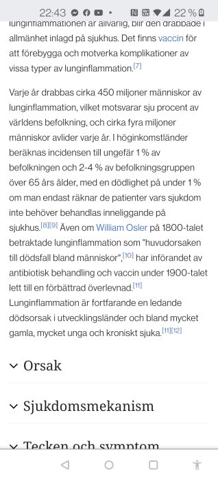 Skärmdump av en informativ text om lunginflammation med statistik och historik.