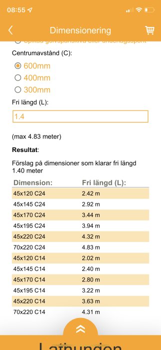 Skärmdump av appen "Lathunden" som visar tabeller för dimensionering av träkonstruktioner.