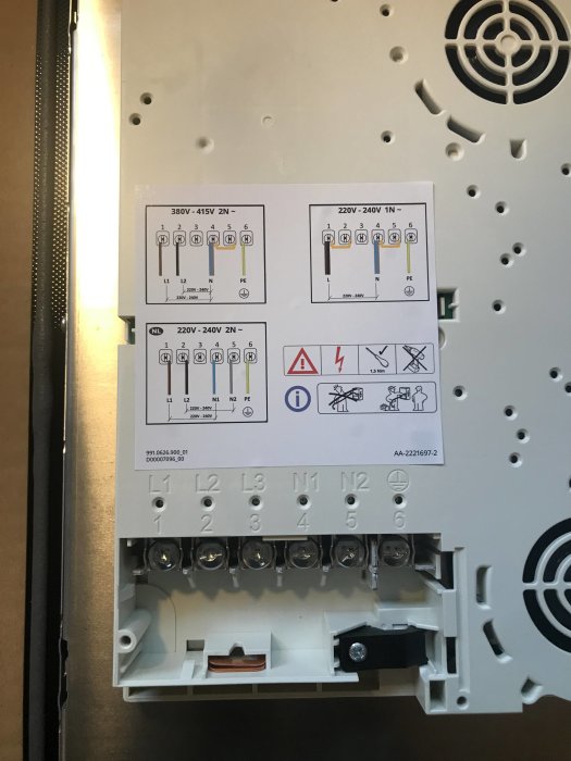 Elanslutningar och installationsinstruktioner på baksidan av en ny induktionshäll.