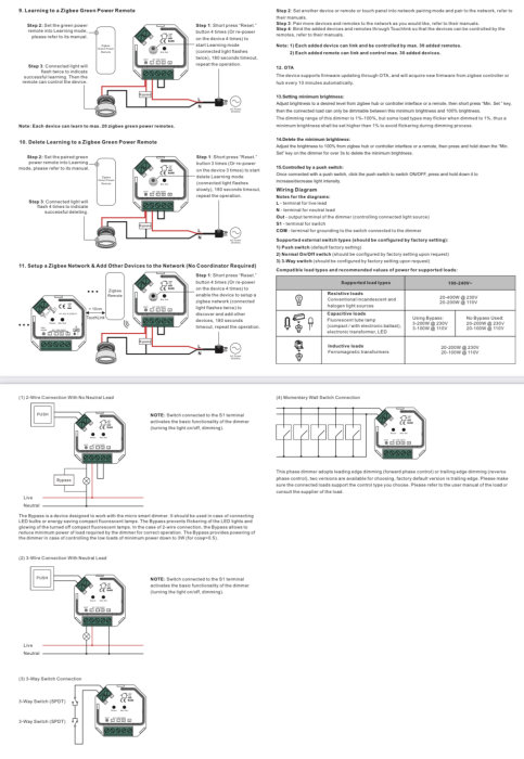 Elkopplingsschema för en dimmer med instruktioner för koppling till trappbrytare och information om kompatibla lasttyper.