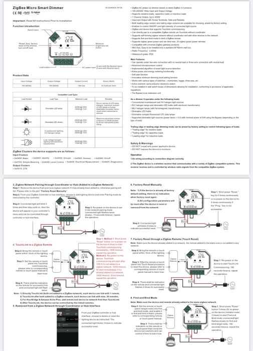 Instruktionsmanual för ZigBee Micro Smart Dimmer som innehåller text, diagram och anslutningsscheman för installation och felsökning.