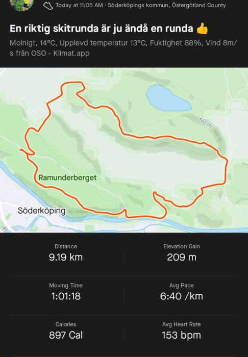 Kartskärmdump av löprunda runt Ramunderberget, 9,19 km, med statistik för tid och hälsa.