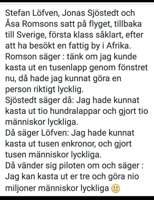 Text på skärm med en berättelse om politiker på ett flygplan som diskuterar att göra människor lyckliga.