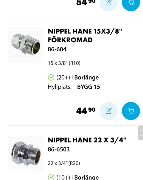 Förkromade nippelkopplingar i olika storlekar för rörinstallationer, med produktinformation.