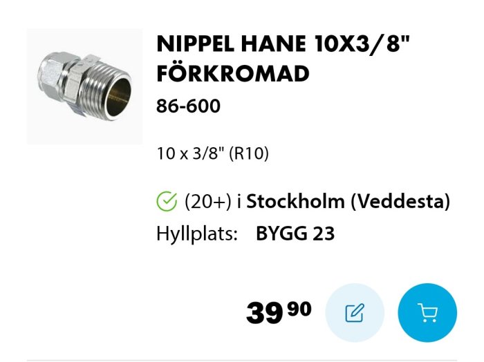 Förkromad nippel hane 10x3/8 tum för rörkoppling med priset och produktkod.