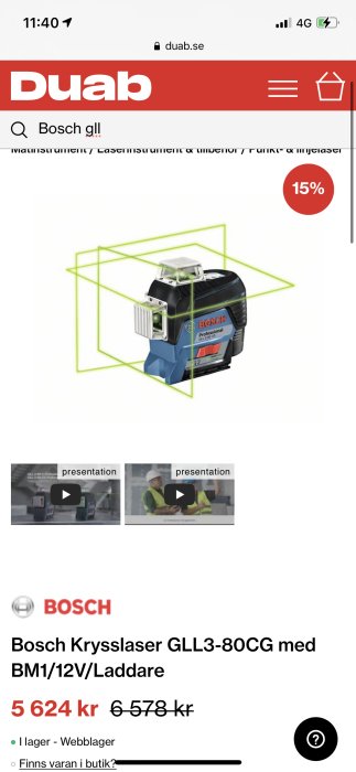 Bosch GLL3-80CG krysslaser med gröna laserlinjer och prismatiskt skydd på försäljningssida.