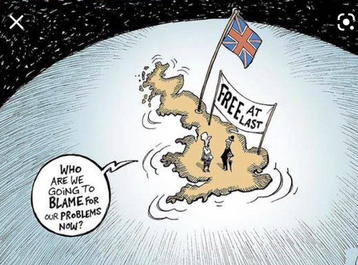 Tecknad bild av Storbritannien som en ö med flaggan och texten "FREE AT LAST", två personer och pratbubbla "Who are we going to blame now?