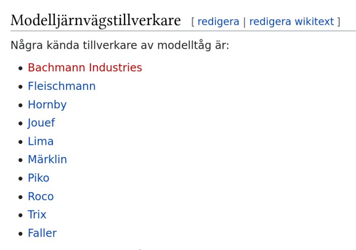 Lista över kända tillverkare av modelltåg, inklusive Märklin, på Wikipedia-sida.