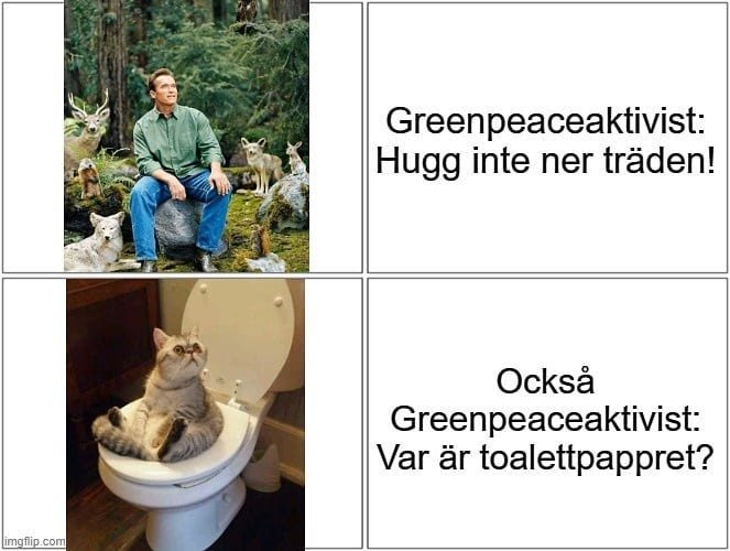 Kollage av en man i skogen omgiven av djur och en katt på en toalett, med textskämt om Greenpeaceaktivister.