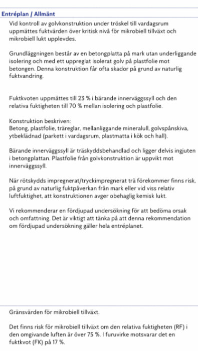 Bild av besiktningsprotokoll med text om fuktproblem i ett hus, inklusive detaljer om konstruktionsbeskrivning och rekommendationer.