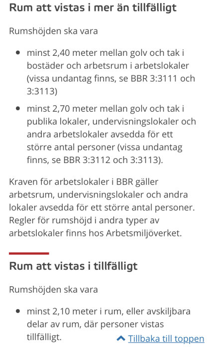 Textdokument som visar Boverkets krav på rumshöjd för olika typer av utrymmen.