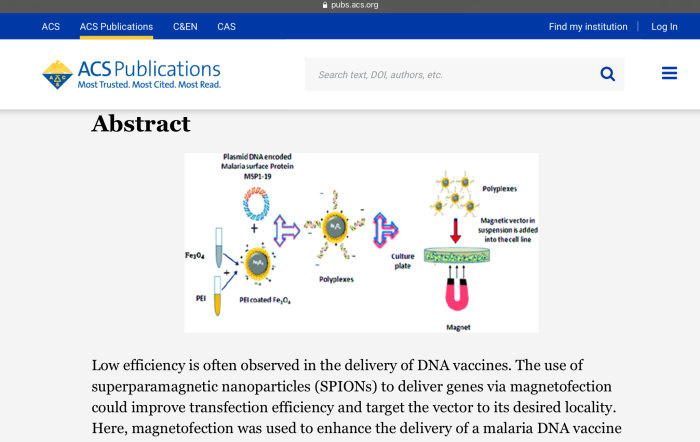 Illustration av en vetenskaplig process som visar användning av superparamagnetiska nanopartiklar för att förbättra leveransen av DNA-vaccin.