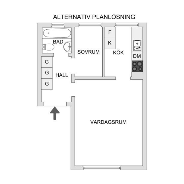 Planritning av lägenhet med alternativ planlösning visande badrum, sovrum, kök och vardagsrum.