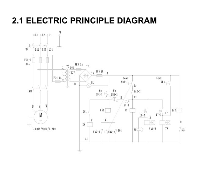 Elektriskt principdiagram för en billyft med märkningar av komponenter och anslutningar.