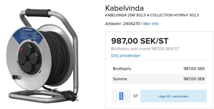 Kabelvinda med 25 meter 3G2,5 kabel, svart rulle och grå handtag, visas på en webbutikssida med prisinformation.