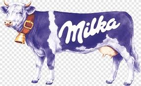 Illustration av en lila ko med texten "Milka" och en klocka runt halsen.